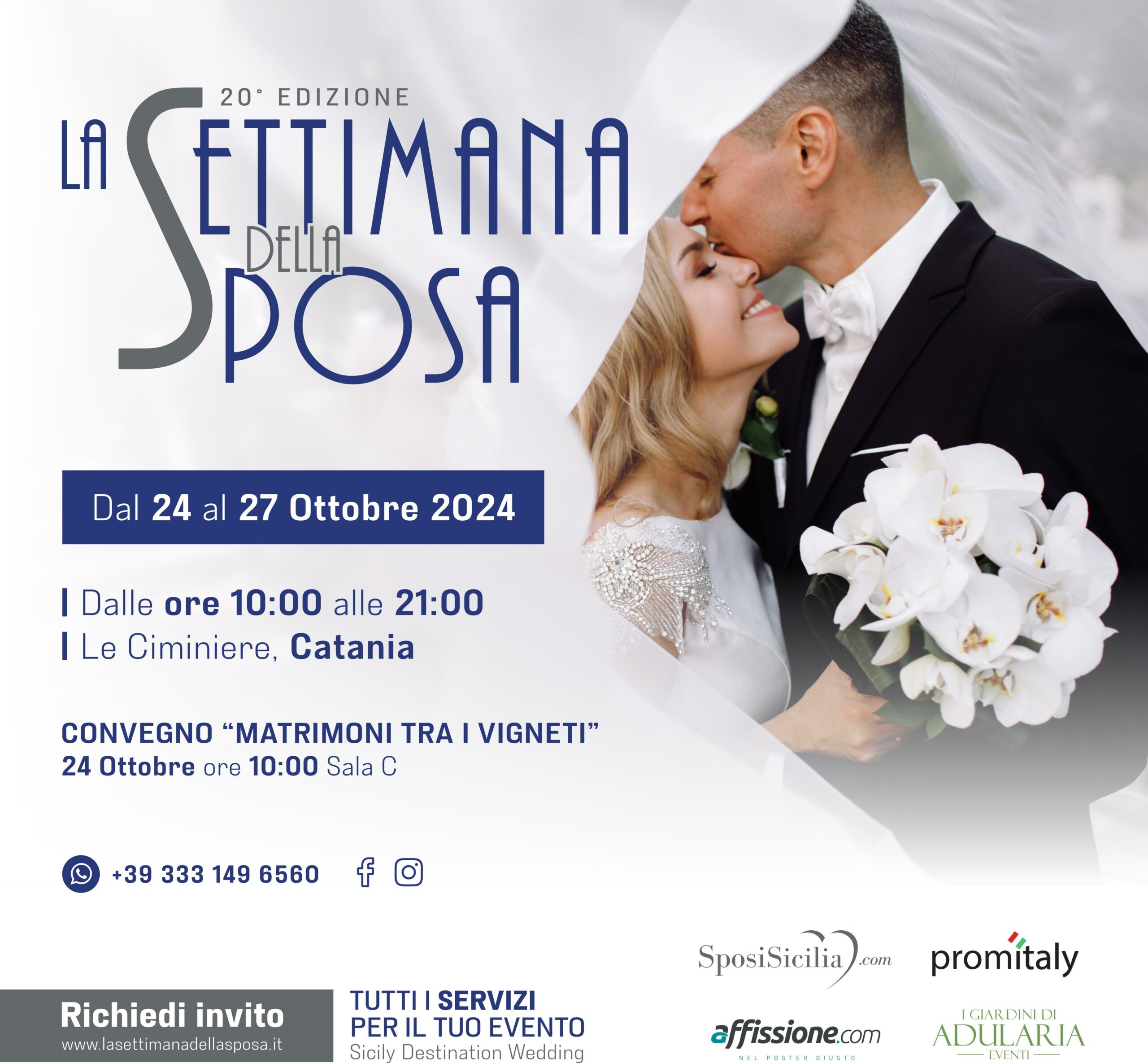 Locandina della Settimana della Sposa 2024, 20ª edizione, dal 24 al 27 ottobre 2024 alle Ciminiere di Catania